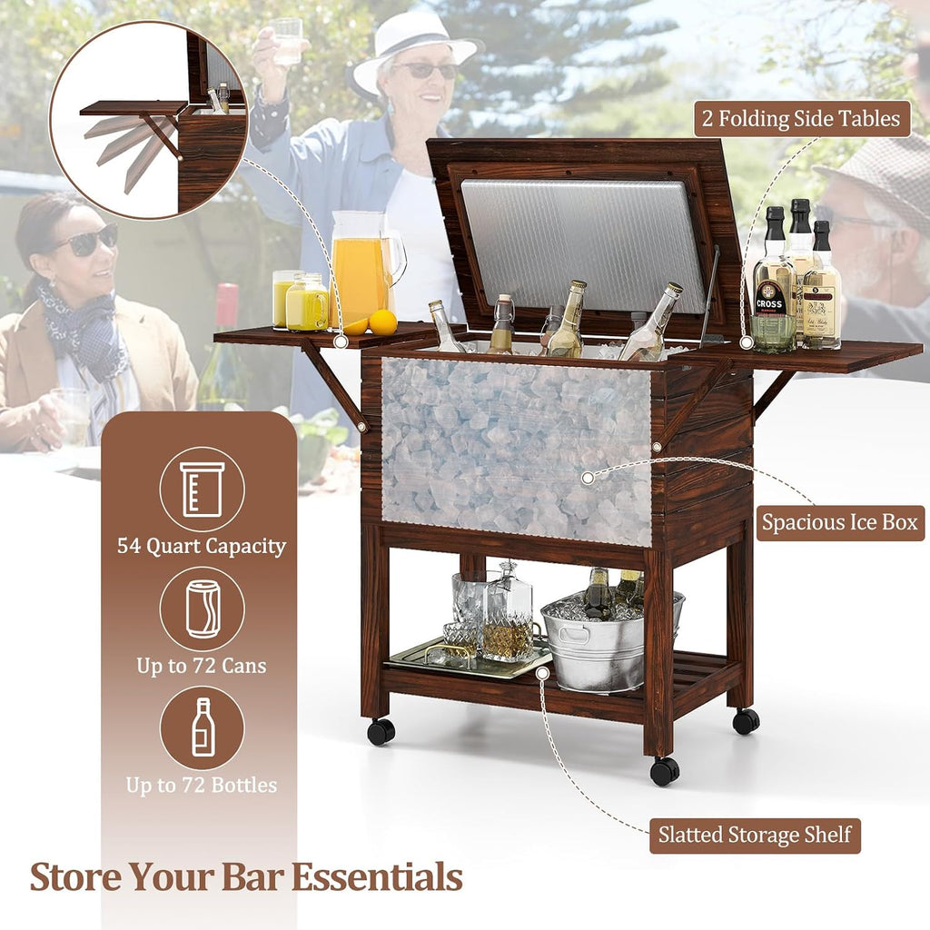 Moccha 54-Quart Rolling Cooler Cart - Wooden Rolling Ice Chest Cooler Cart w/ 2 Drop Leaf Tables, Bottle Opener, Pine Wood Outdoor Beverage Cooler, Patio Cooler on Wheels for Parties Yard Pool Deck