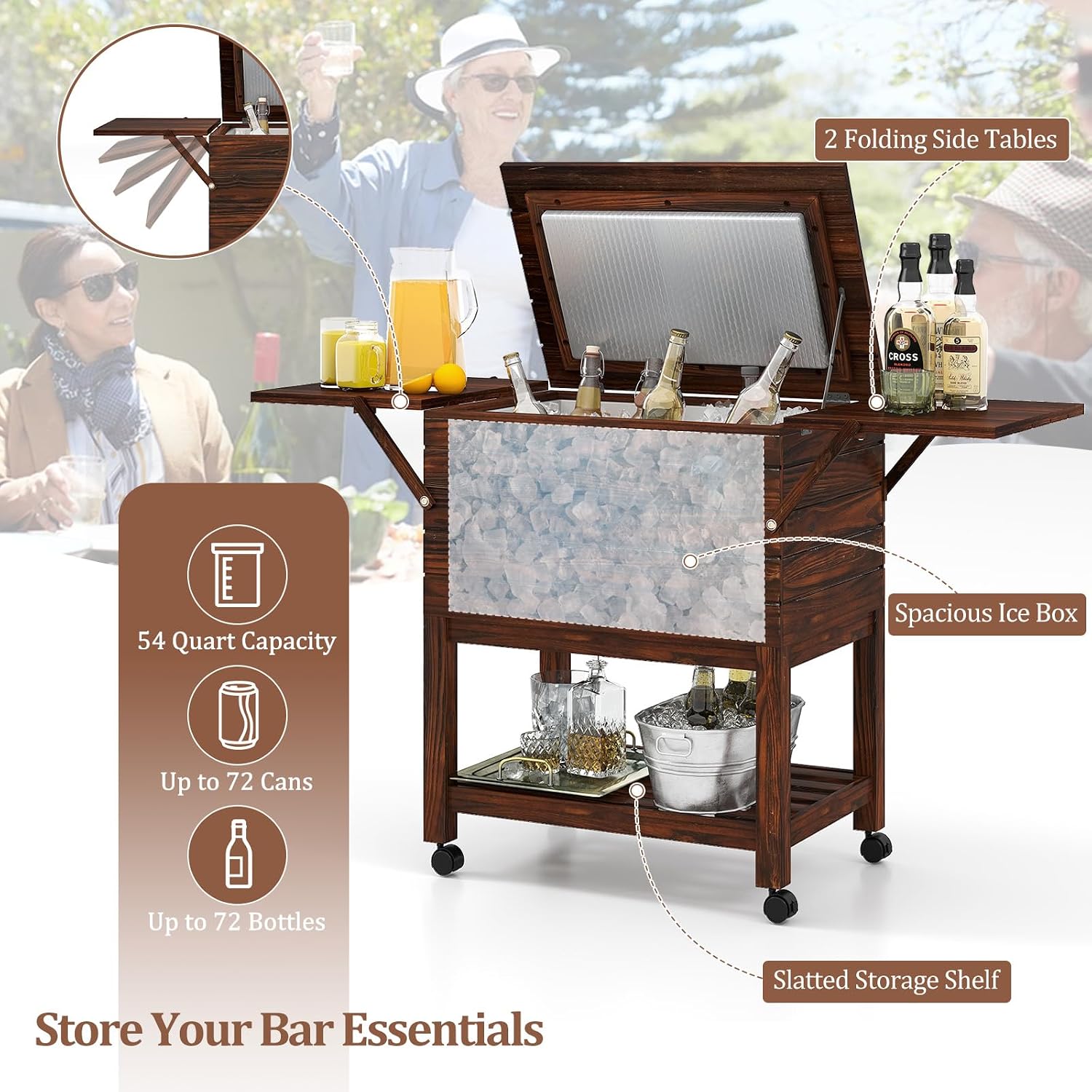 Moccha 54-Quart Rolling Cooler Cart - Wooden Rolling Ice Chest Cooler Cart w/ 2 Drop Leaf Tables, Bottle Opener, Pine Wood Outdoor Beverage Cooler, Patio Cooler on Wheels for Parties Yard Pool Deck