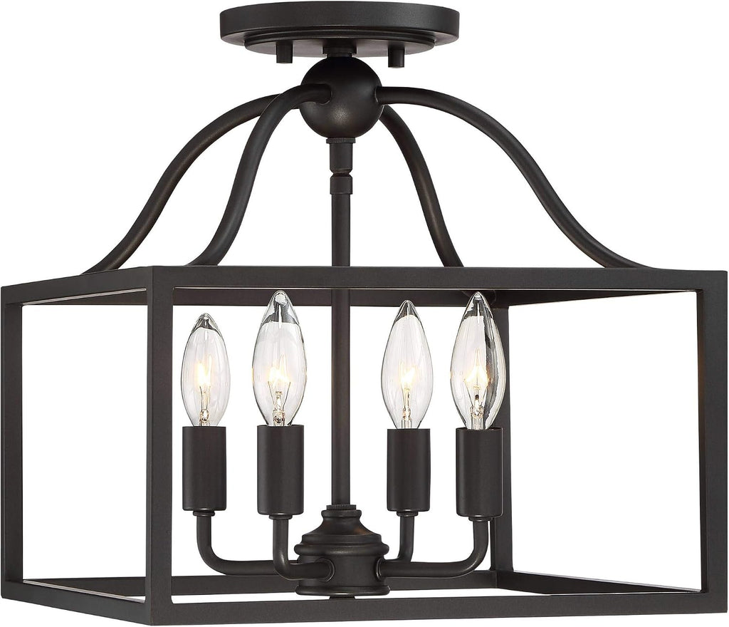 Franklin Iron Works Elle Farmhouse Rustic Close to Ceiling Light Semi-Flush Mount Fixture Black 13' Wide 4-Light Open Square Cage for House Bedroom Hallway Living Room Bathroom Dining Kitchen