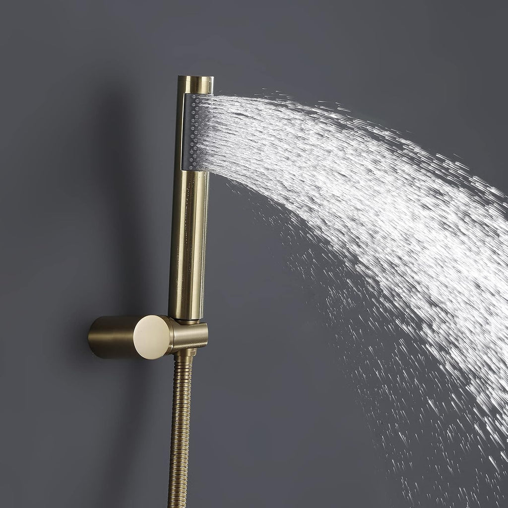 RBROHANT Gold Shower System Brass Shower Faucet Set, 10 Inch High Pressure Round Rain Shower Head with Handheld Spray, Wall Mounted, Rough-in Valve Included, Brushed Gold, RCS81010BG