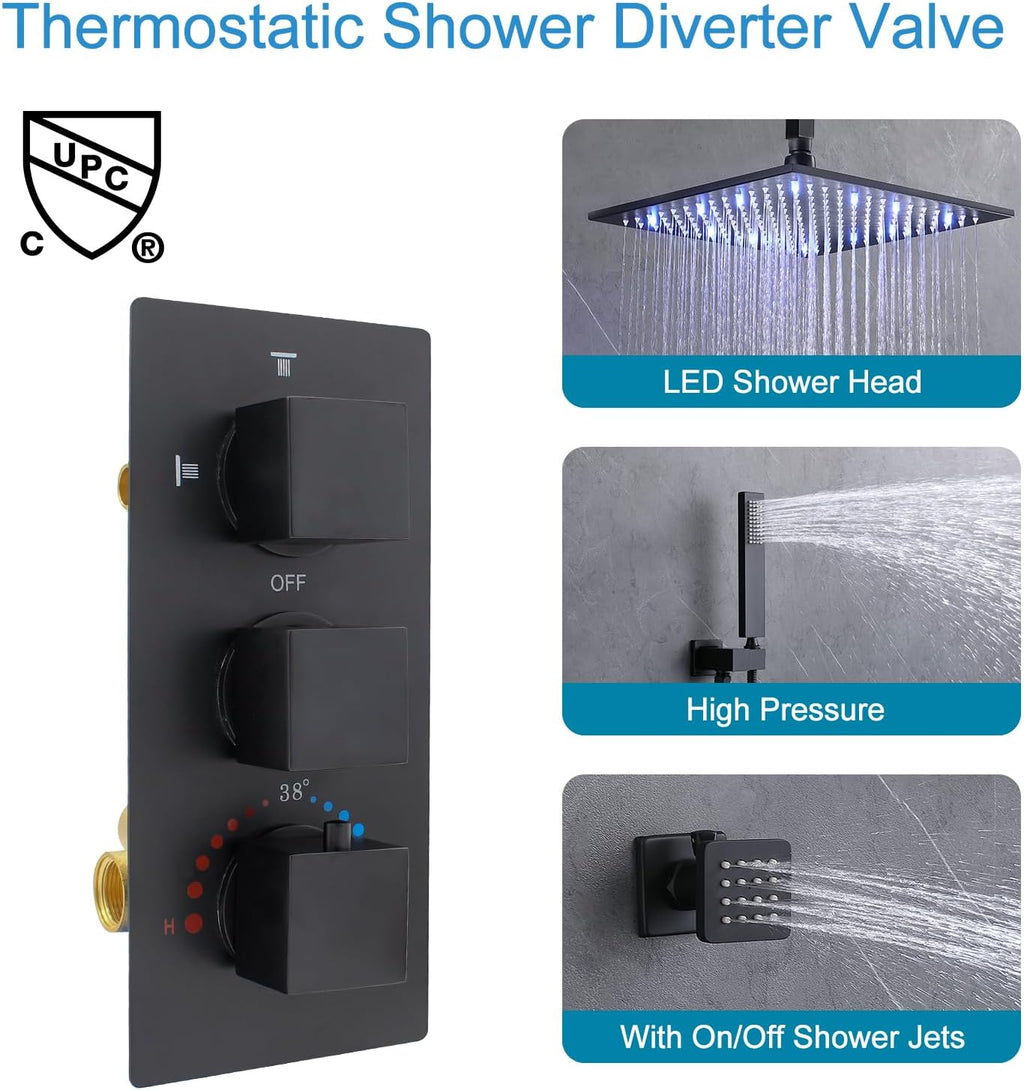 HOMEDEC Matte Black Thermostatic Ceiling Shower System with Body Jets, 12' Rainfall Shower Faucet Fixtures Set with Mixer Valve and Handheld Brass Shower Combo Kit for Modern Bathroom