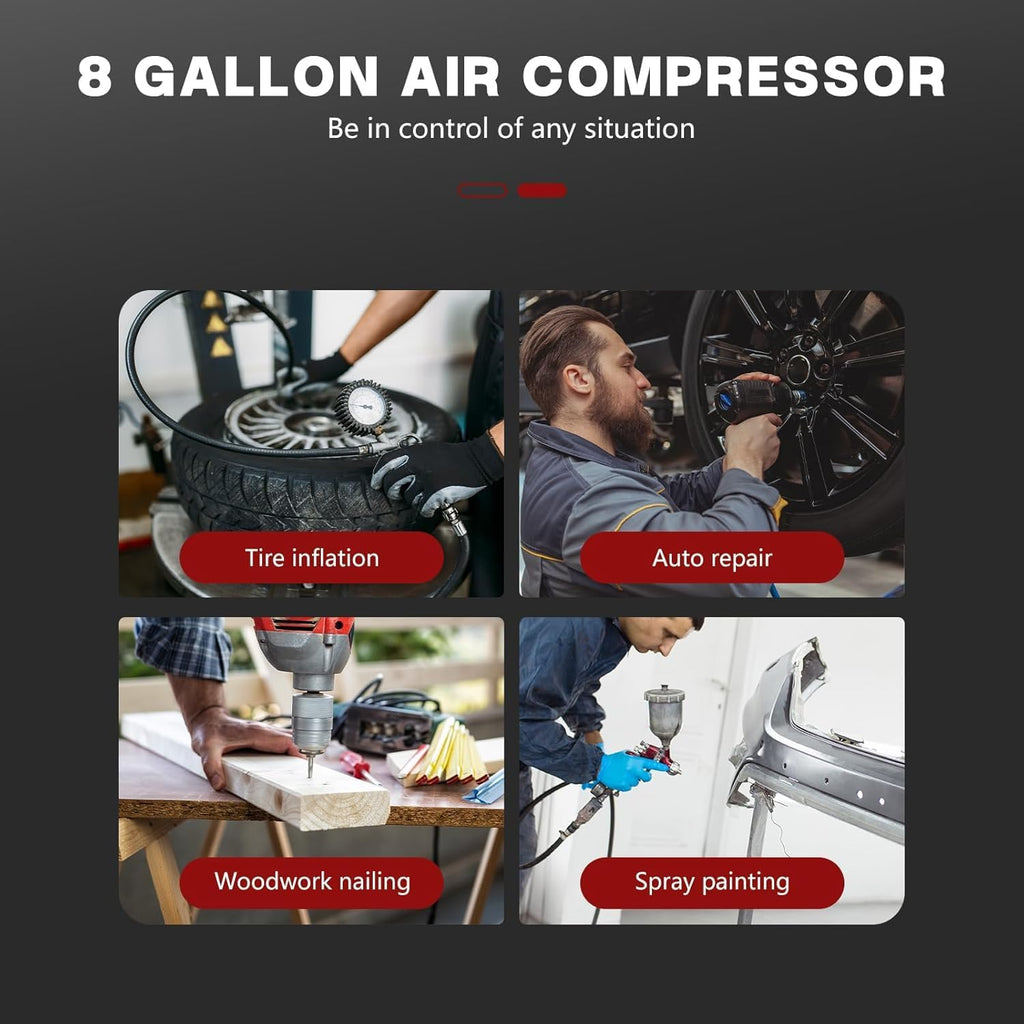 Ultra Quiet Air Compressor 8 Gallon, 1.5HP 4.52 CFM Max 115 PSI Pressure Oil-Free Steel Tank, Air Compressor with 2 Quick Couplers for Auto Repair, Tire Inflation, Spray Painting, Woodwork Nailing