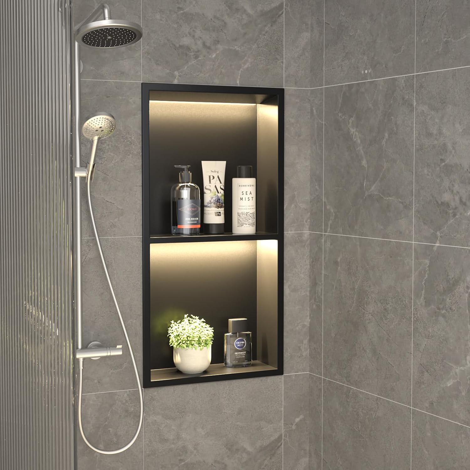 Stainless Steel Led Shower Niche Black 24' X 12' No Tile Needed | Recessed niche matte black w/ 2-tier shelf,Led driver UL listed,vertical niche,non-dimmable,3000K warm light IP66 waterproof