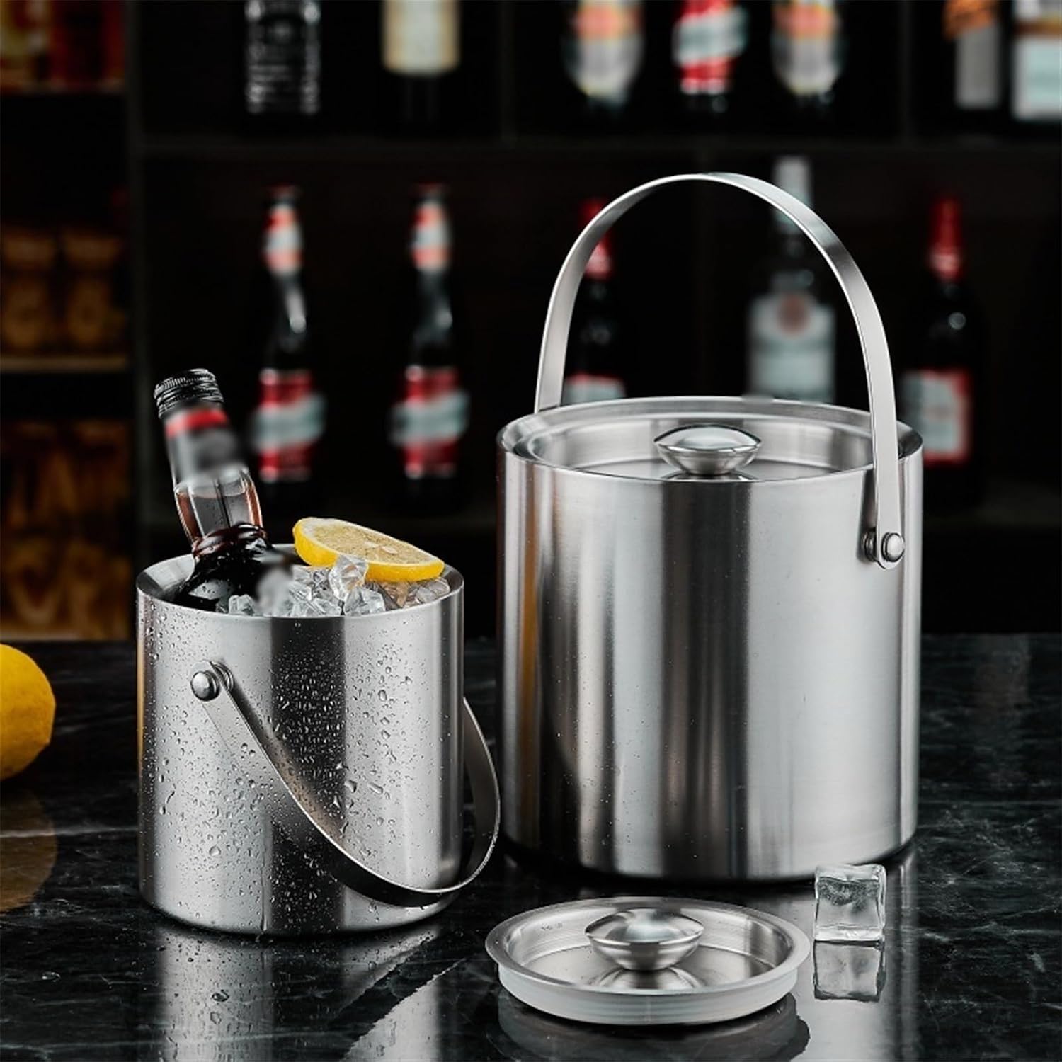 Ice Container Black Stainless Steel Double Layer Ice Bucket with Lid for Cocktail Bars, Freezers, and Wine Wine Beer Champagne Bucket