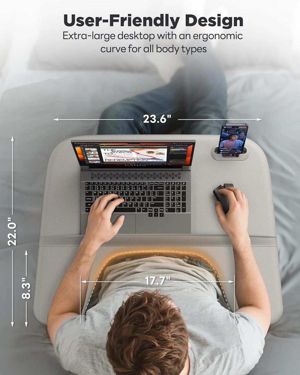 SAIJI Laptop Lap Desk for Bed & Couch, Adjustable Height & Angle Bed Desk with Soft Armrest for Adults, Ergo Curve Folding Bed Table for Working, Reading and Gaming, Laptop Desk for Bed (Gray)