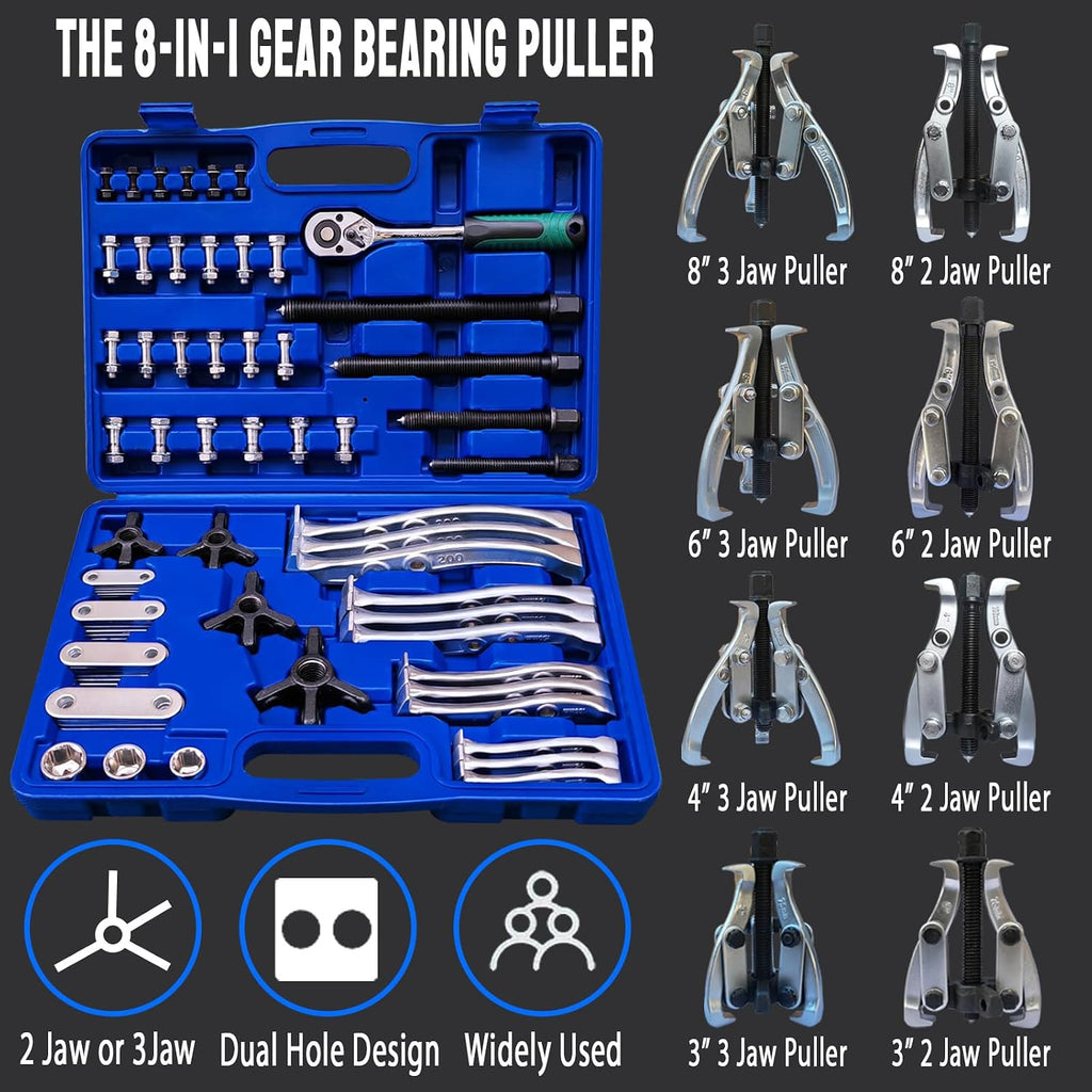 8 in 1 Gear Puller Set, 3' 4' 6' 8' Bearing Pulley Puller Kit, Cr-V Steel 2 Jaw & 3 Jaw Gear Puller with Reversible Jaws, 72Pcs Puller Set for Bearing Gear Pulley Flywheel Removal
