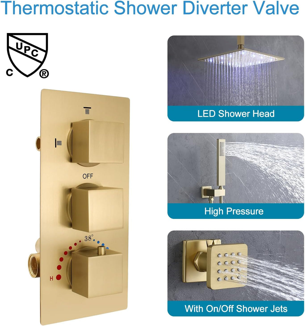 Brushed Gold Rain Shower System with Body Jet, HOMEDEC 12inch LED Rainfall Shower Head System Thermostatic Faucet Set with Body Spray and Handheld