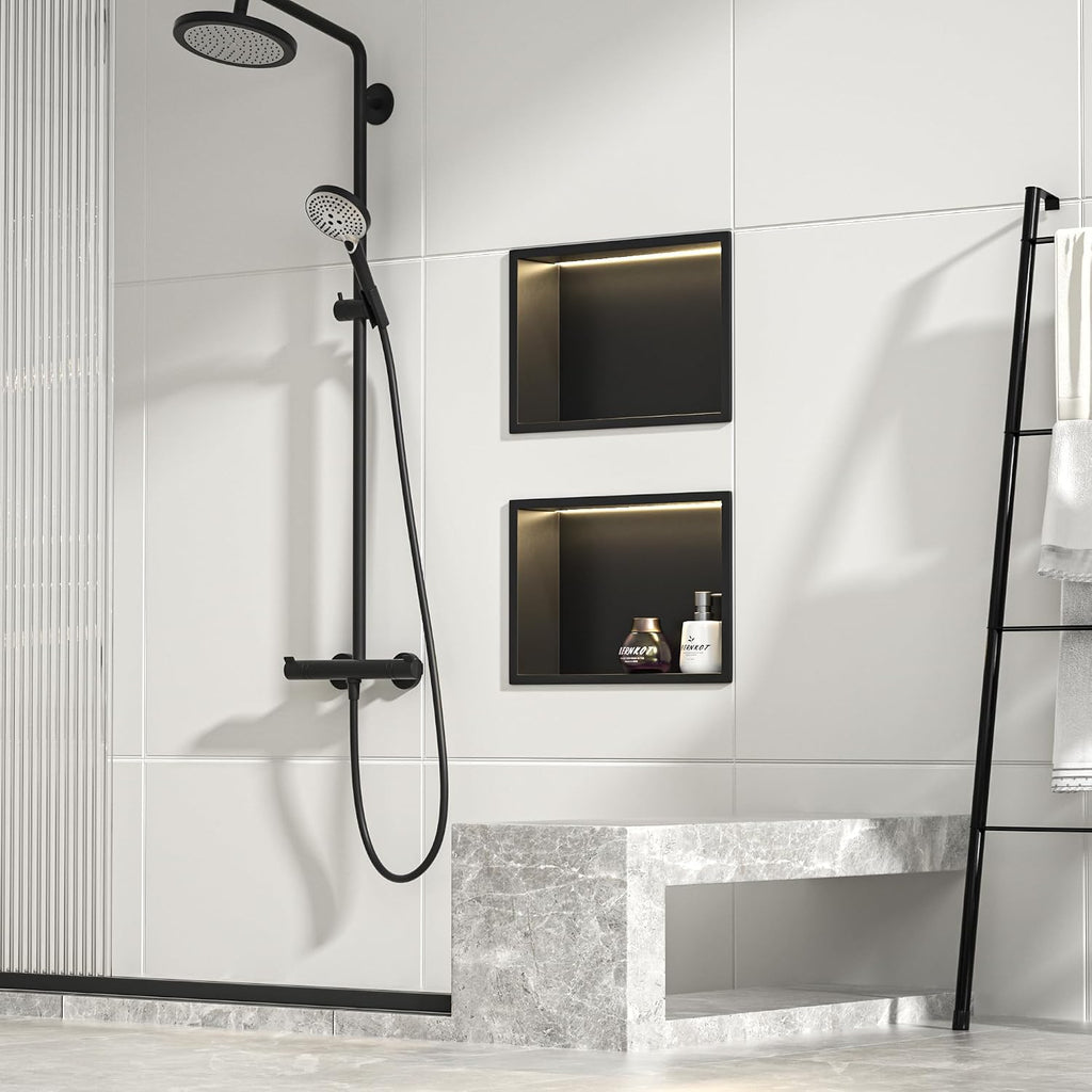Stainless Steel Shower Niche 18' X 12' Matte Black with Led Light Waterproof No Tile Need Shower Niche for Bathroom Storage Recessed Wall Niches