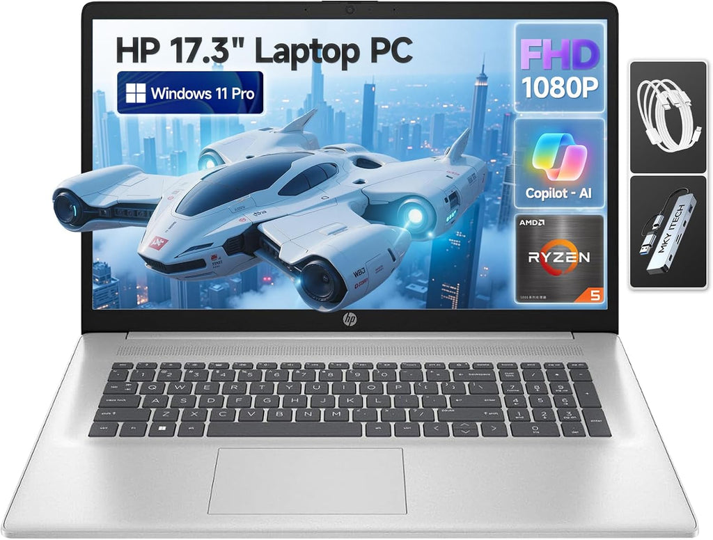 HP 17 Inch Laptop Computer, 17.3' FHD IPS Business Laptop PC, AMD Ryzen 5 (6-Cores), Windows 11 Pro, 16GB RAM 1TB SSD, Copilot AI, 10-Key Number Pad, Type-C, Wi-Fi 6, for Business, Students & Home