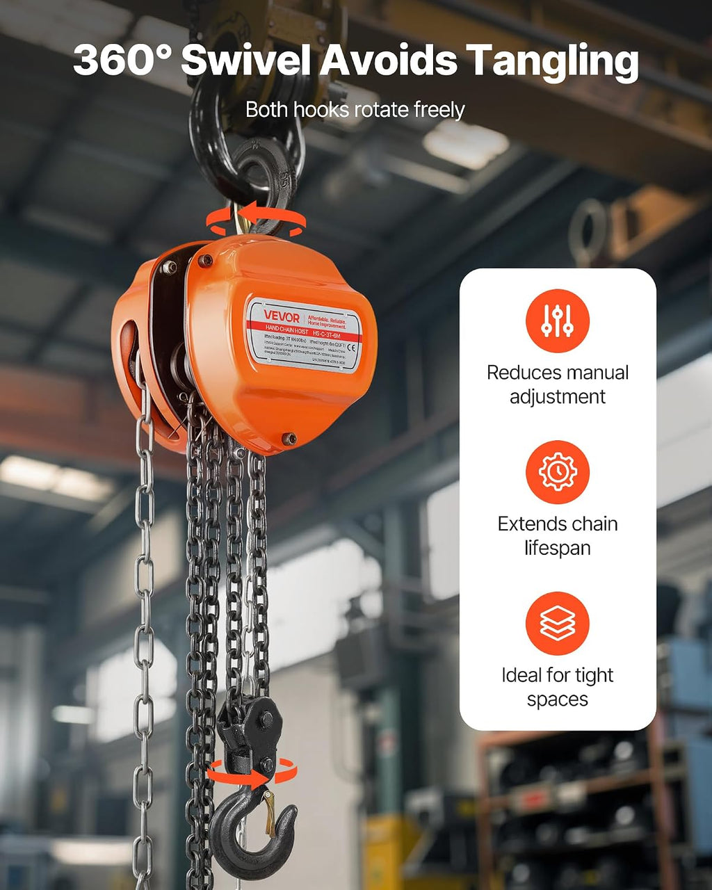 VEVOR Hand Chain Hoist, 3 Ton 6600 lbs Capacity, Manual Chain Block with Upgrade G80 Galvanized Chain, 20 ft Lifting Height, Heavy Duty Pulley Hoist for Garage Warehouse Automotive Machinery, Orange