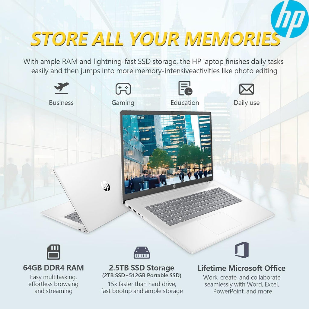 HP 2025 New 17 inch Laptop Computer • 64GB RAM • 1.5TB SSD (1TB PCIe SSD withHP P500 512GB Portable SSD) • AMD Ryzen 5 7430U 6-Cores Processor • Windows 11 Home with Microsoft 365
