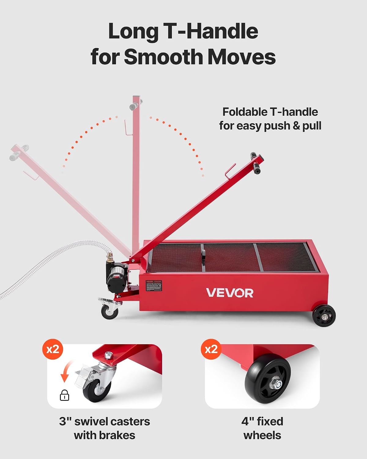 VEVOR Low Profile Oil Drain Pan, 17 Gal Capacity, Rolling Oil Drain Pan with 110V High-Flow Electric Pump, 7.2 ft Hose & T Folding Handle, Leak-Proof & Corrosion-Resistant, Fit for Trucks, ATVs, Red