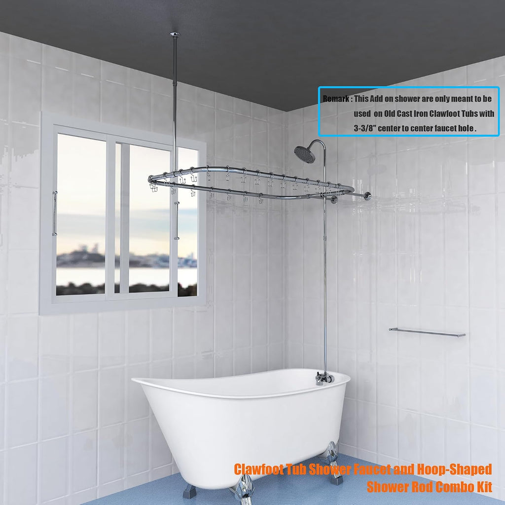 Clawfoot Tub Shower Kit, Add On Shower Units With Bathcock Diverter Faucet and 48' X 27' Rectangular Claw foot Tub Shower Curtain Rod Kit,Claw foot Tub Shower Faucet Set,Chrome Plated