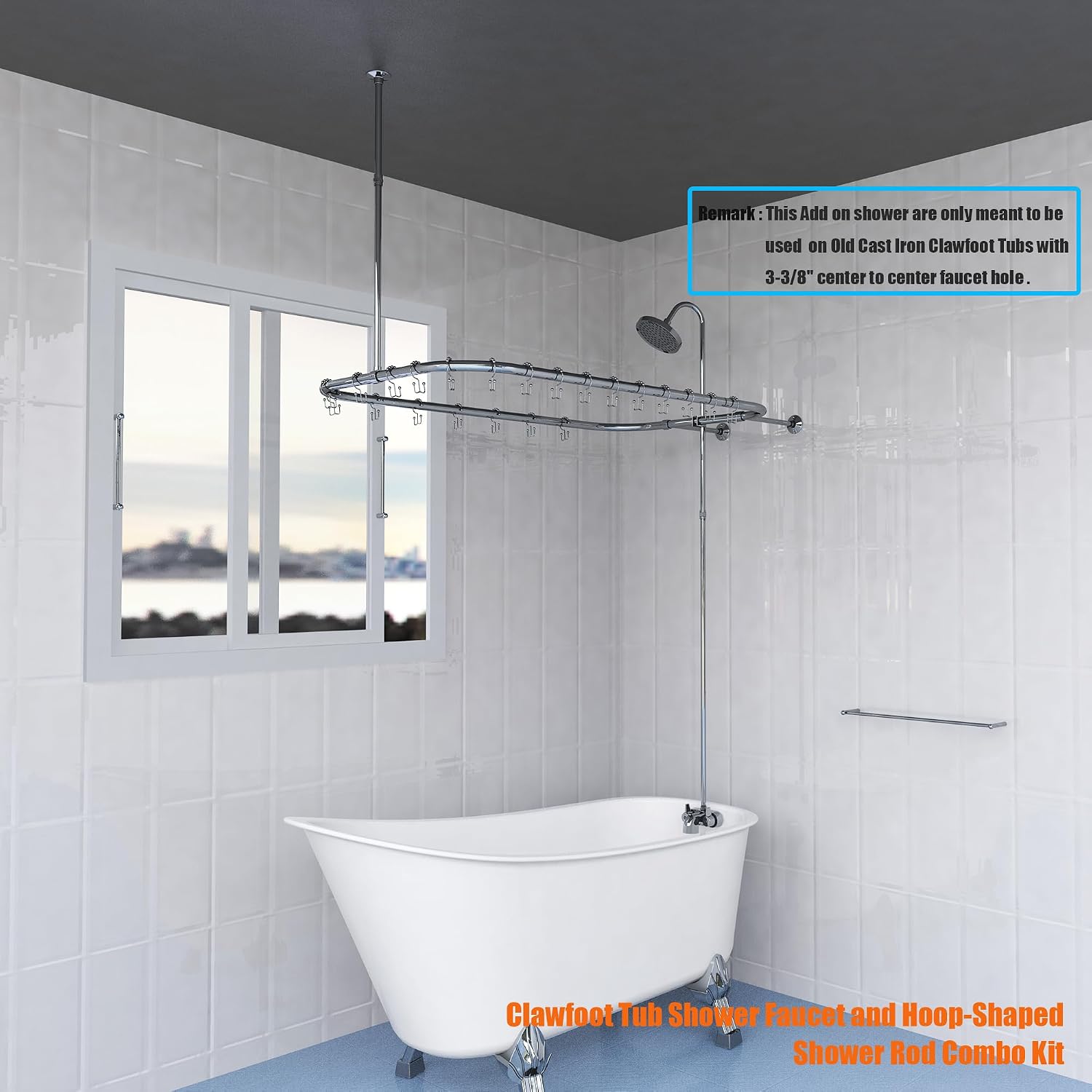 Clawfoot Tub Shower Kit, Add On Shower Units With Bathcock Diverter Faucet and 48' X 27' Rectangular Claw foot Tub Shower Curtain Rod Kit,Claw foot Tub Shower Faucet Set,Chrome Plated