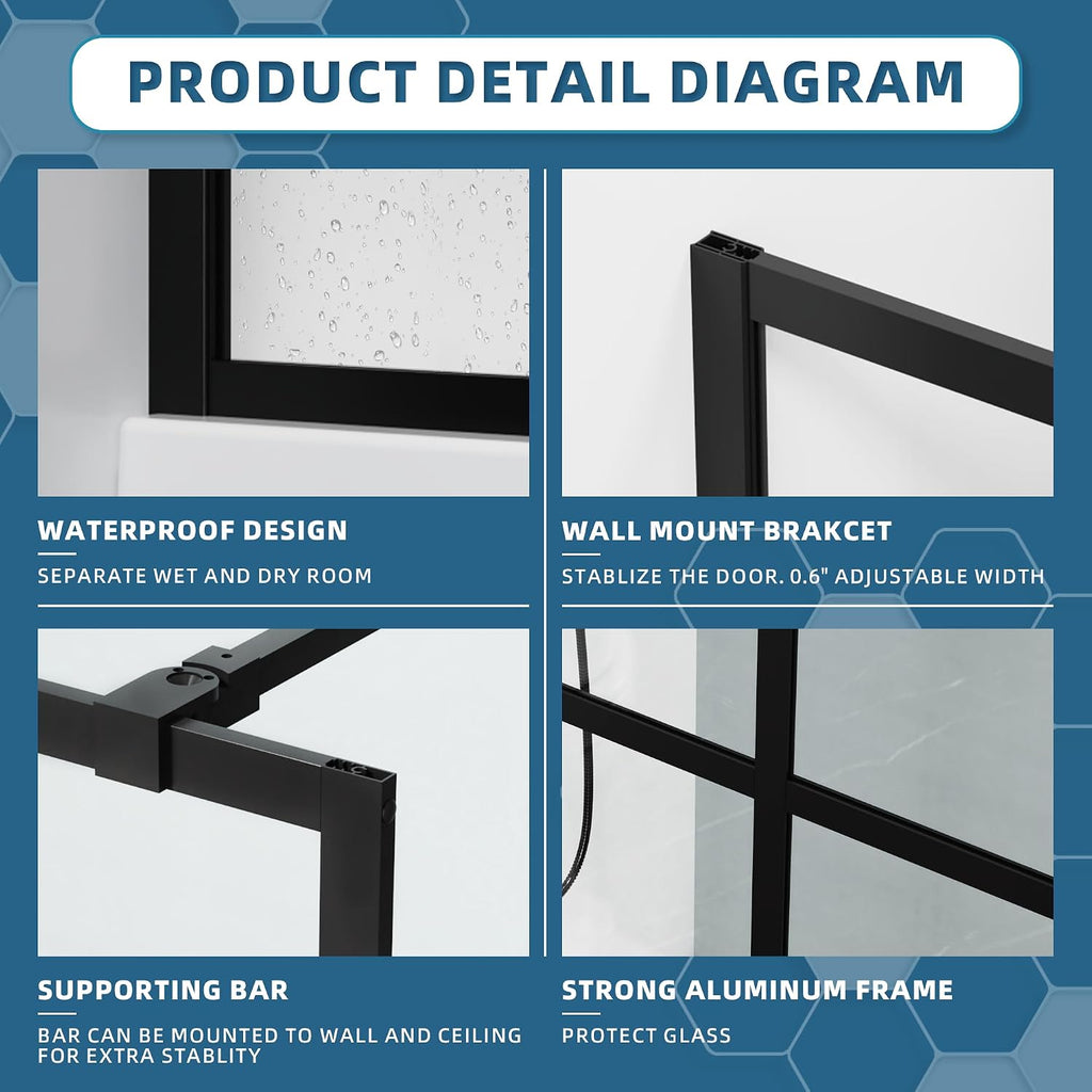 Goodyo 34' x 72' Shower Door Tempered Glass Shower Screen with Tool Bar Towel Rack for Walk in Bathroom 3-Grid Style
