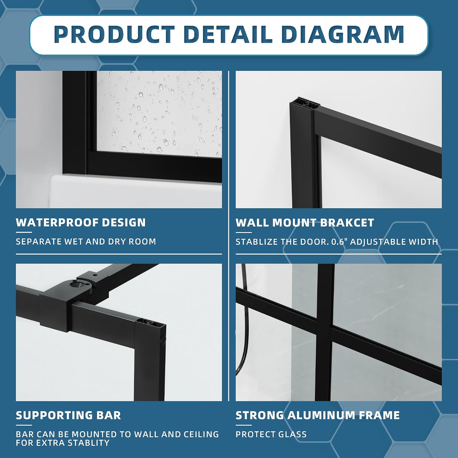 Goodyo 34' x 72' Shower Door Tempered Glass Shower Screen with Tool Bar Towel Rack for Walk in Bathroom 3-Grid Style