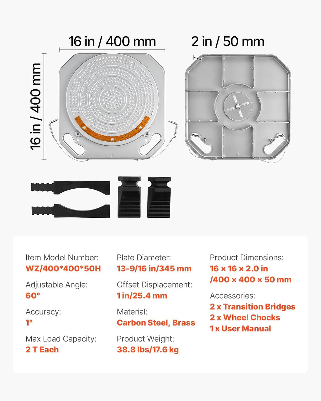 VEVOR Wheel Alignment Turn Plates, 4-Ton Capacity, Brass Dial Measurements, 360° Rotating Turntable Wheel Alignment Tool with Transition Bridge & Thrust Block for Car SUV Light Truck