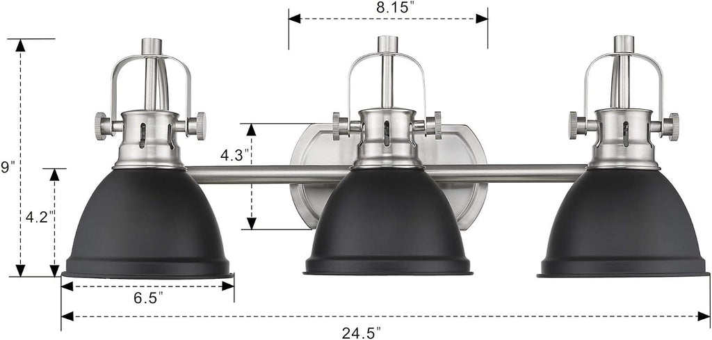Emliviar 3-Light Bathroom Vanity Light Fixture, Black Finish with Metal Shade, 4054H-A