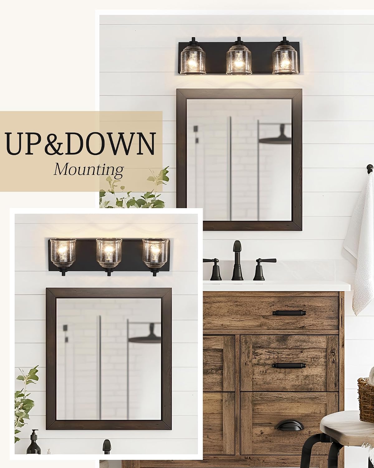 3-Light Bathroom Vanity Light Large 23', Farmhouse Rustic Vanity Lights for Bathroom, Black Bathroom Light Fixtures Over Mirror with Bubble Glass Shades, Metal Wall Sconce Home Decor