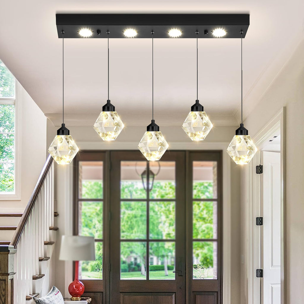 5-Lights Rectangular Pendant Light LED Dimmable Linear Crystal Chandelier Modern Rectangular Chandeliers for Dining Room Bedroom Black Hanging Light