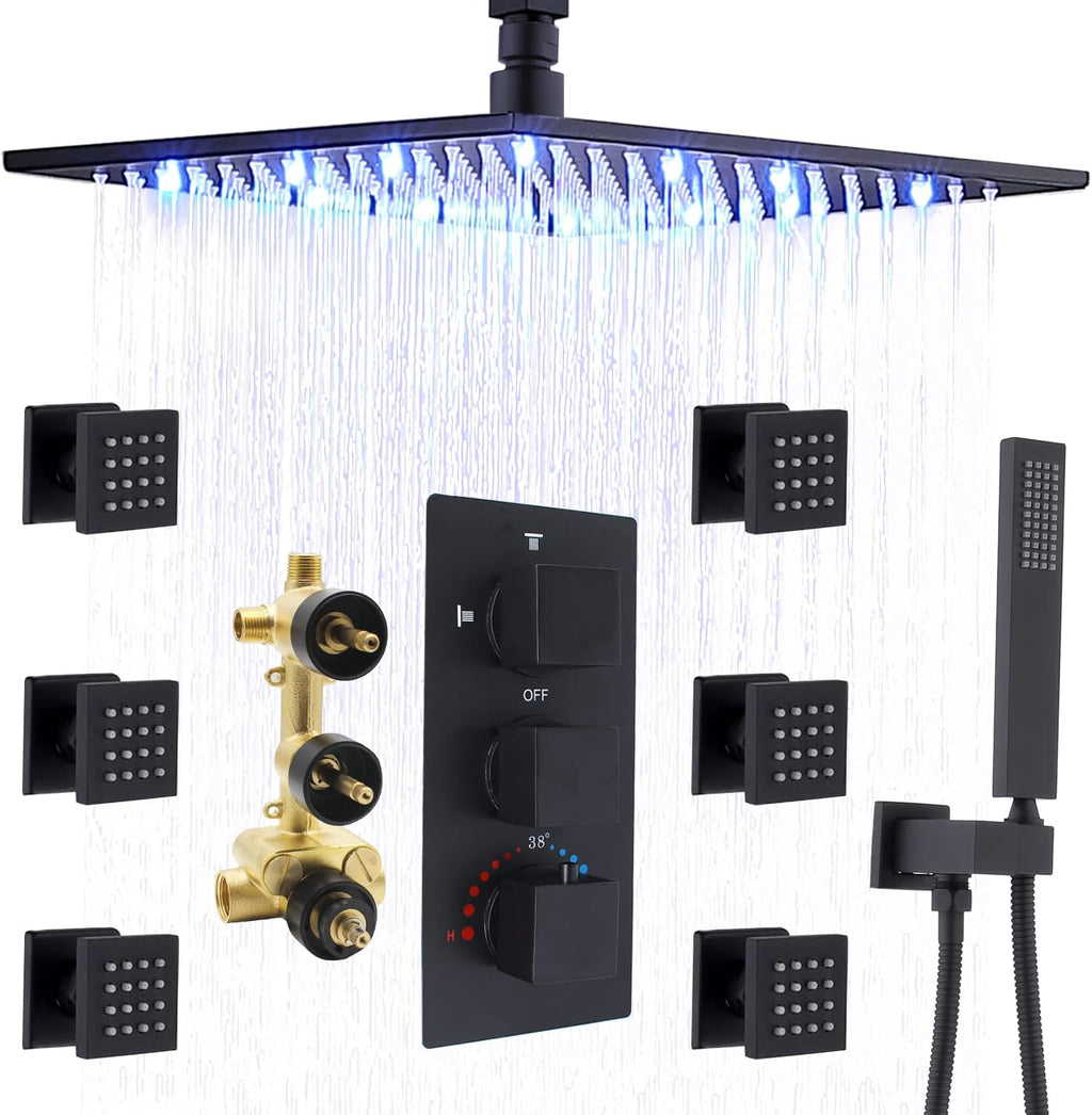 HOMEDEC Matte Black Thermostatic Ceiling Shower System with Body Jets, 12' Rainfall Shower Faucet Fixtures Set with Mixer Valve and Handheld Brass Shower Combo Kit for Modern Bathroom
