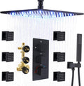 HOMEDEC Matte Black Thermostatic Ceiling Shower System with Body Jets, 12' Rainfall Shower Faucet Fixtures Set with Mixer Valve and Handheld Brass Shower Combo Kit for Modern Bathroom