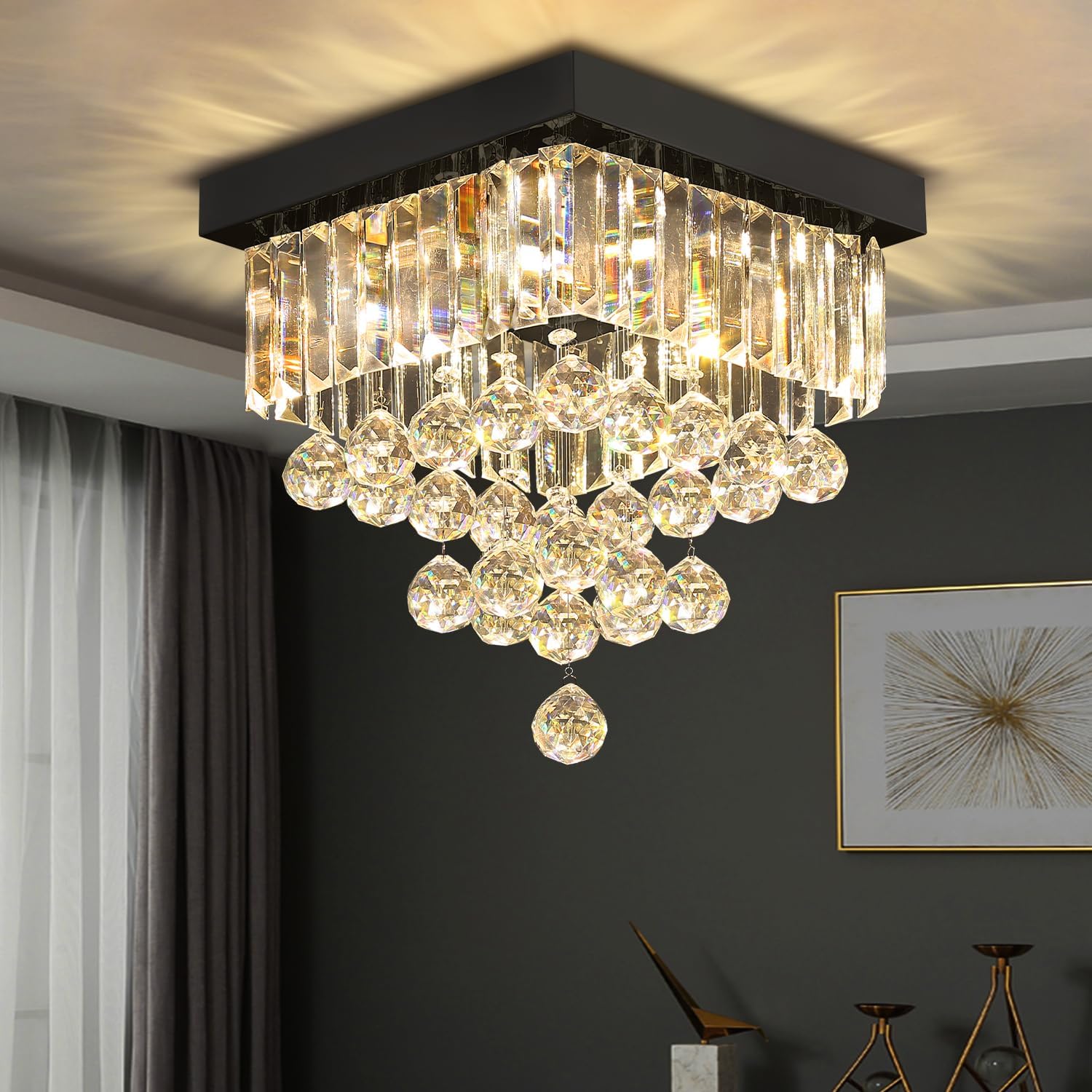 Modern Black Square Crystal Flush Mount Ceiling Light 12' 4 Lights K9 Crystal Chandelier Lighting Fixture for Bedroom Dining Room Kitchen Hallway Entryway Closet Small Living Room