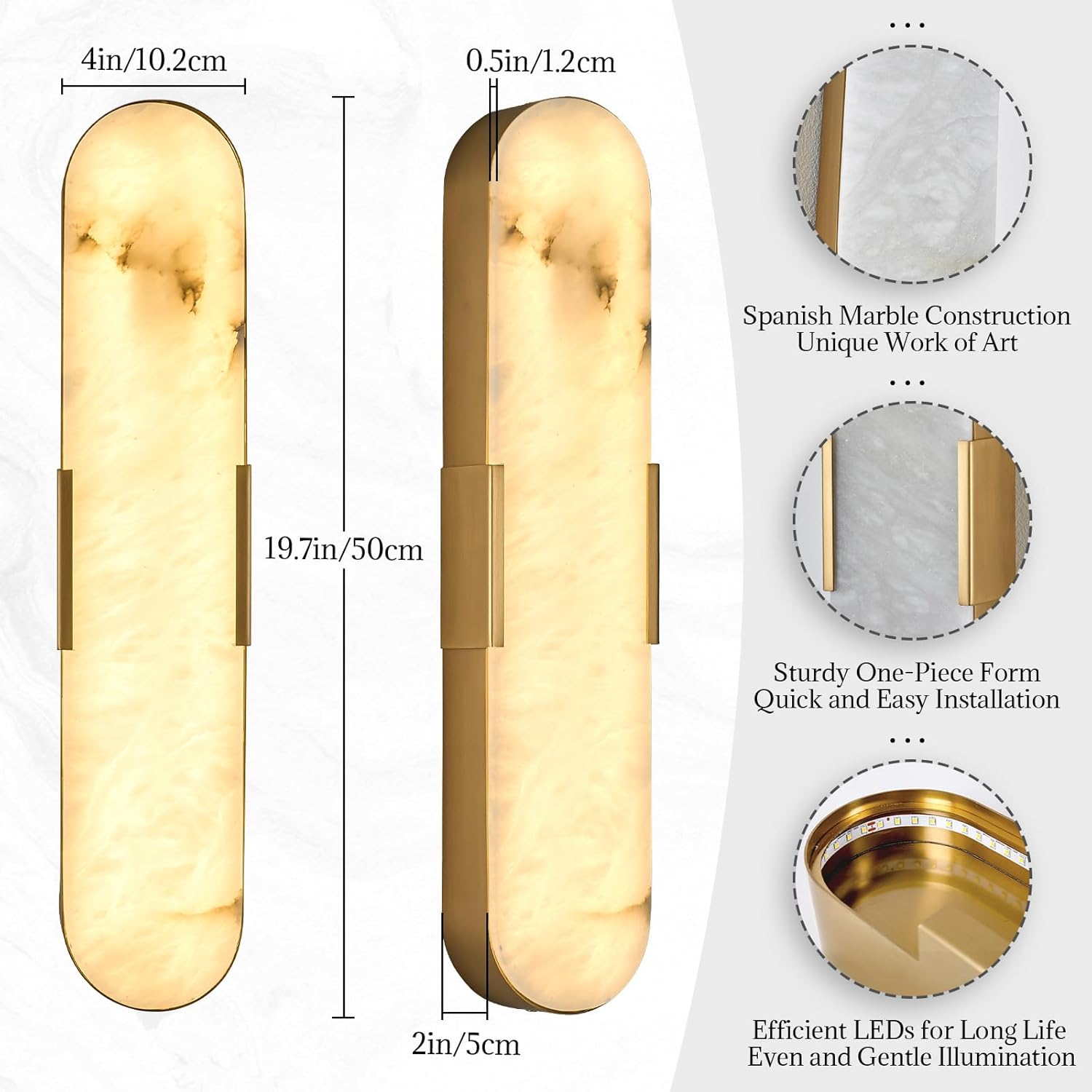 Gold Alabaster Wall Sconces Set of Two 20' Natural Marble LED Wall Lights, Mid Century Marble Wall Lamp Bathroom Vanity Indoor Alabaster Wall Lighting Fixtures for Bedroom Hallway Stairs