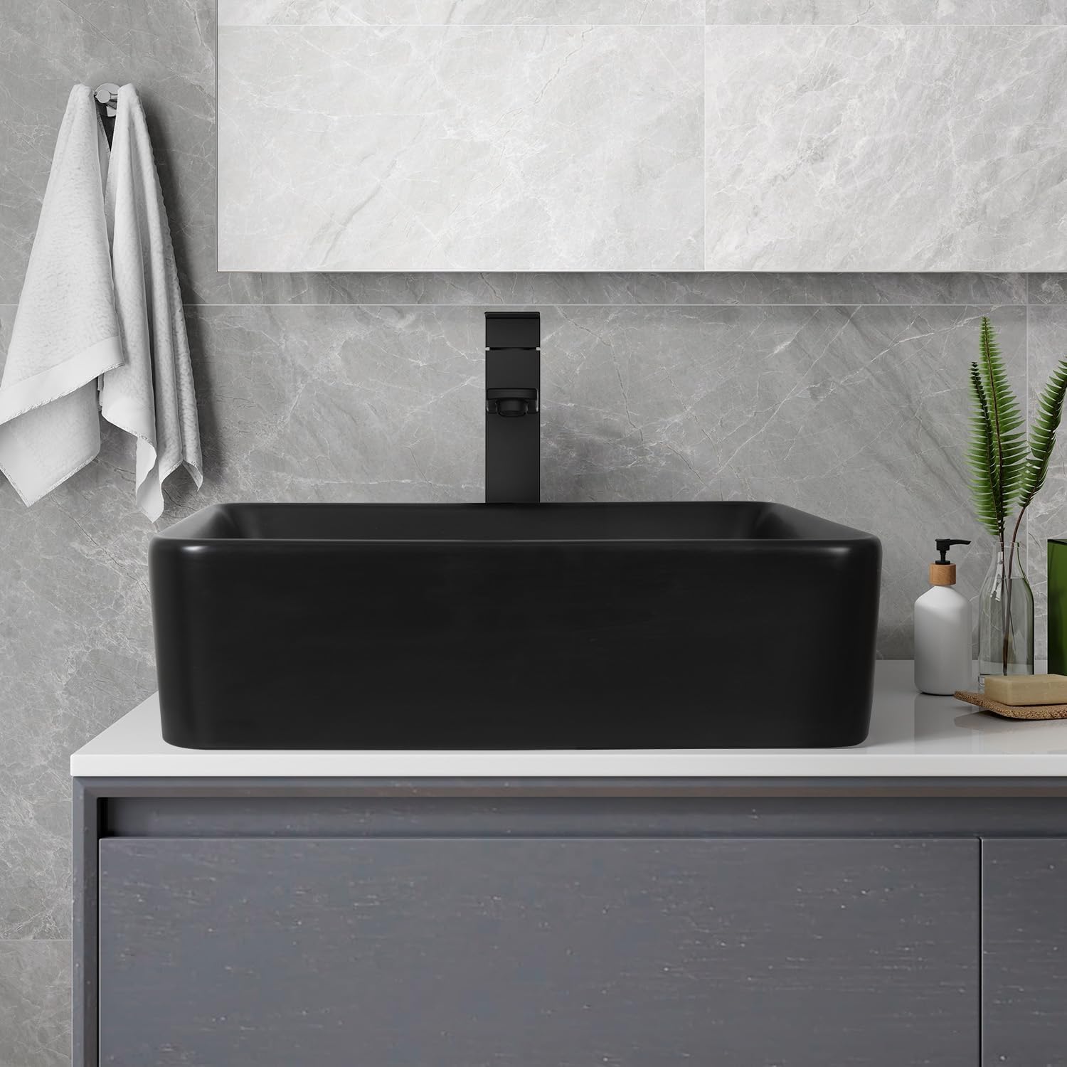 48 Inch Bathroom Vanity with Sink, Traditional Freestanding Black Bathroom Vanity Cabinet with Four Drawers, Pedestal Cabinet with Two Black Ceramic Vessel Sinks