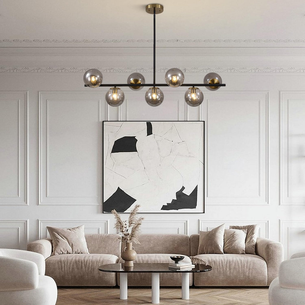 KCO Lighting Black and Gold Linear Kitchen Pendant Lighting Mid Century Modern Chandelier 7-Light Smoke Glass Globe Chandelier Vintage Dining Room Light Fixtures