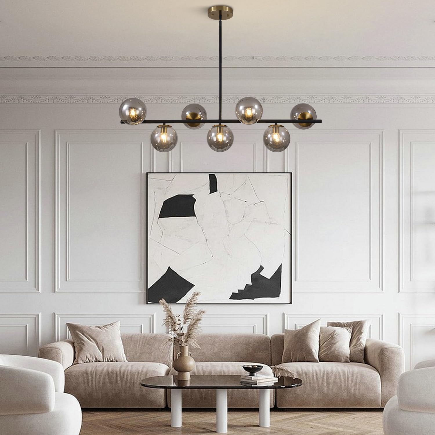 KCO Lighting Black and Gold Linear Kitchen Pendant Lighting Mid Century Modern Chandelier 7-Light Smoke Glass Globe Chandelier Vintage Dining Room Light Fixtures