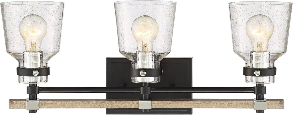Possini Euro Design Broadway Modern Industrial Wall Light Black Painted Faux Wood Hardwired 23' 3-Light Fixture Clear Seedy Glass Shade for Cottage Core Bedroom Bedside Bathroom Vanity Living Room