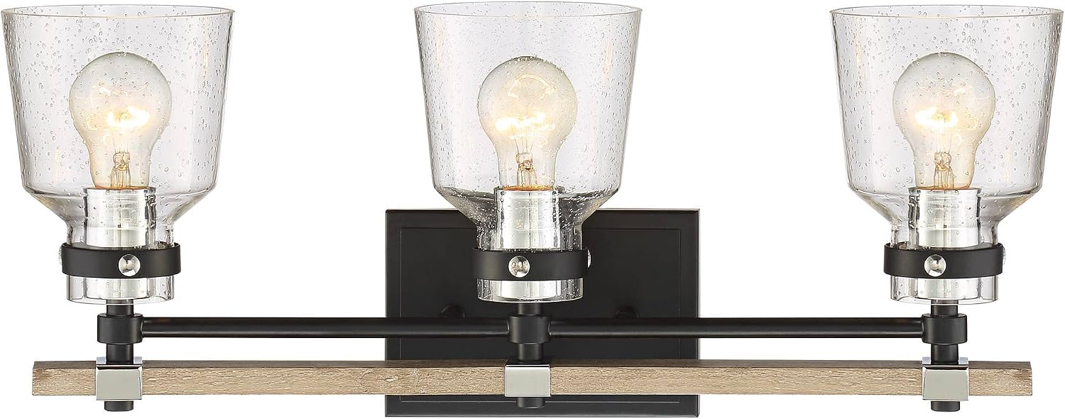Possini Euro Design Broadway Modern Industrial Wall Light Black Painted Faux Wood Hardwired 23' 3-Light Fixture Clear Seedy Glass Shade for Cottage Core Bedroom Bedside Bathroom Vanity Living Room