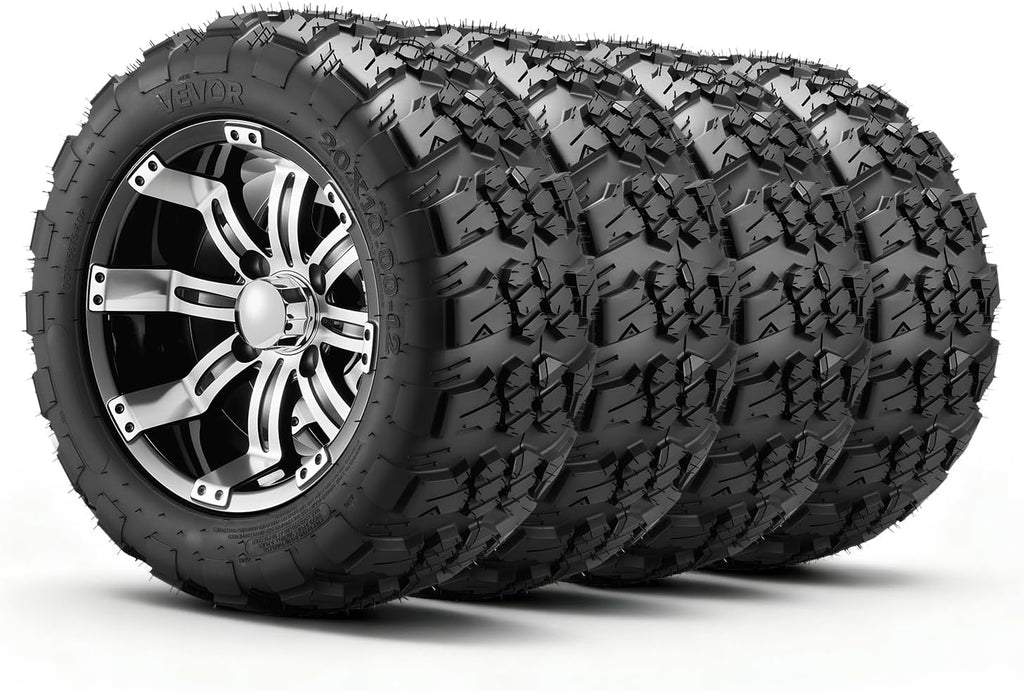 VEVOR Golf Cart Wheels, 12' 20x10-12 Black Aluminum Alloy Golf Cart Tires and Wheels Combo (Set of 4) Fit Club Car, EZGO, Yamaha, 4 Ply Rubber 4-Lug Lawn Mower Tires & Rims, 800 lbs Load, All-Terrain