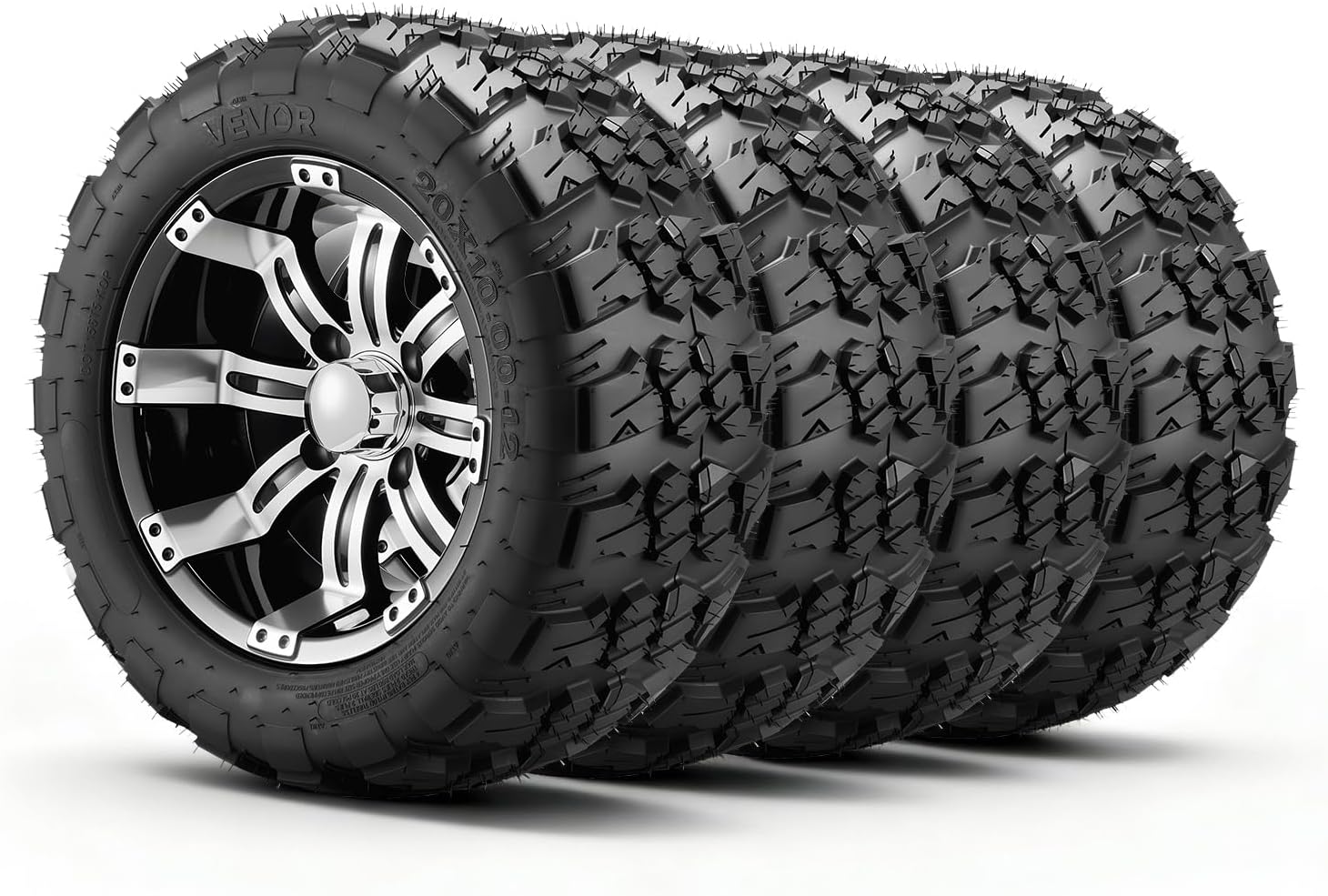 VEVOR Golf Cart Wheels, 12' 20x10-12 Black Aluminum Alloy Golf Cart Tires and Wheels Combo (Set of 4) Fit Club Car, EZGO, Yamaha, 4 Ply Rubber 4-Lug Lawn Mower Tires & Rims, 800 lbs Load, All-Terrain