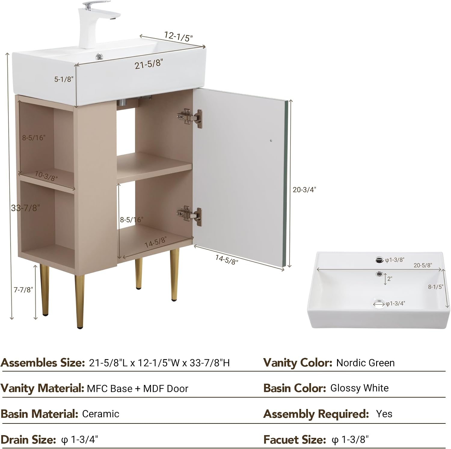 Merax 20 Inch Bathroom Vanity with Sink, Narrow Depth Bathroom Vanities,Wood Vanity Cabinet,Soft Closing Door,Freestanding Sink Cabinet W/Open Side Shelves, Dark Green