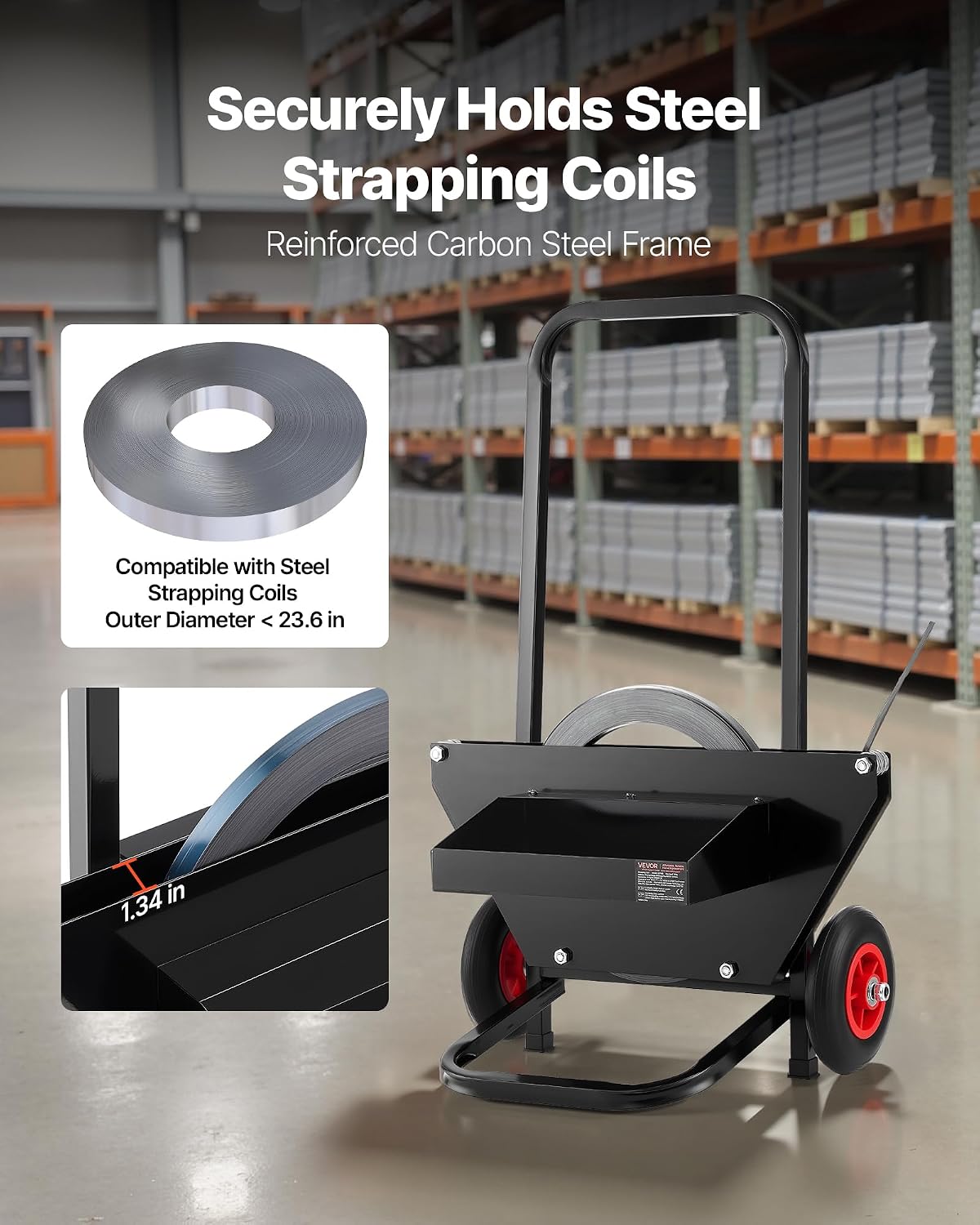 VEVOR Banding Strapping Cart, Fit for Steel Strapping Coils with 23.6 inches Core Outer Size, Heavy Duty Strapping Dispenser with Rubber Wheels, Suitable for Factory, Warehouse, Loading Area