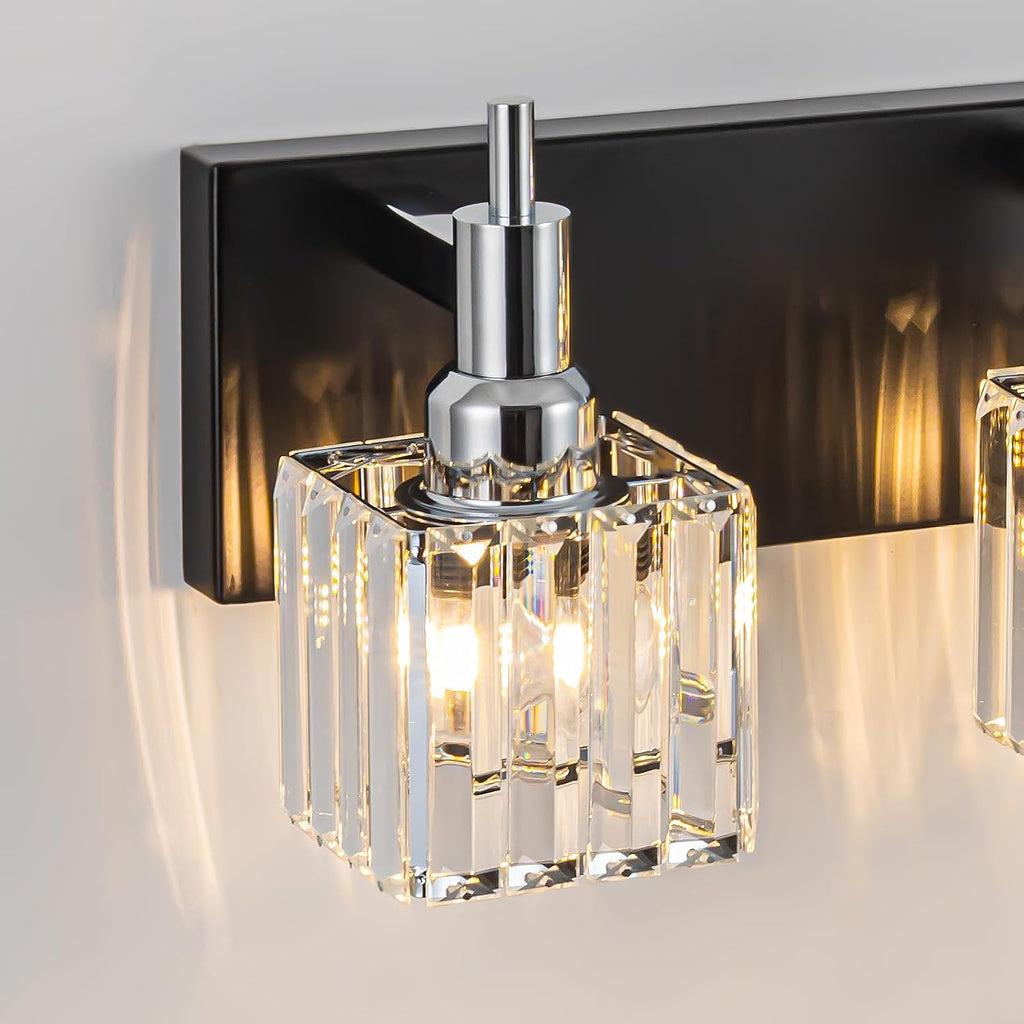 Chrome Bathroom Vanity Lights, Modern 3 Lights Crystal Bathroom Lighting Fixtures Over Mirror Black Chrome Wall Light with Square Shade