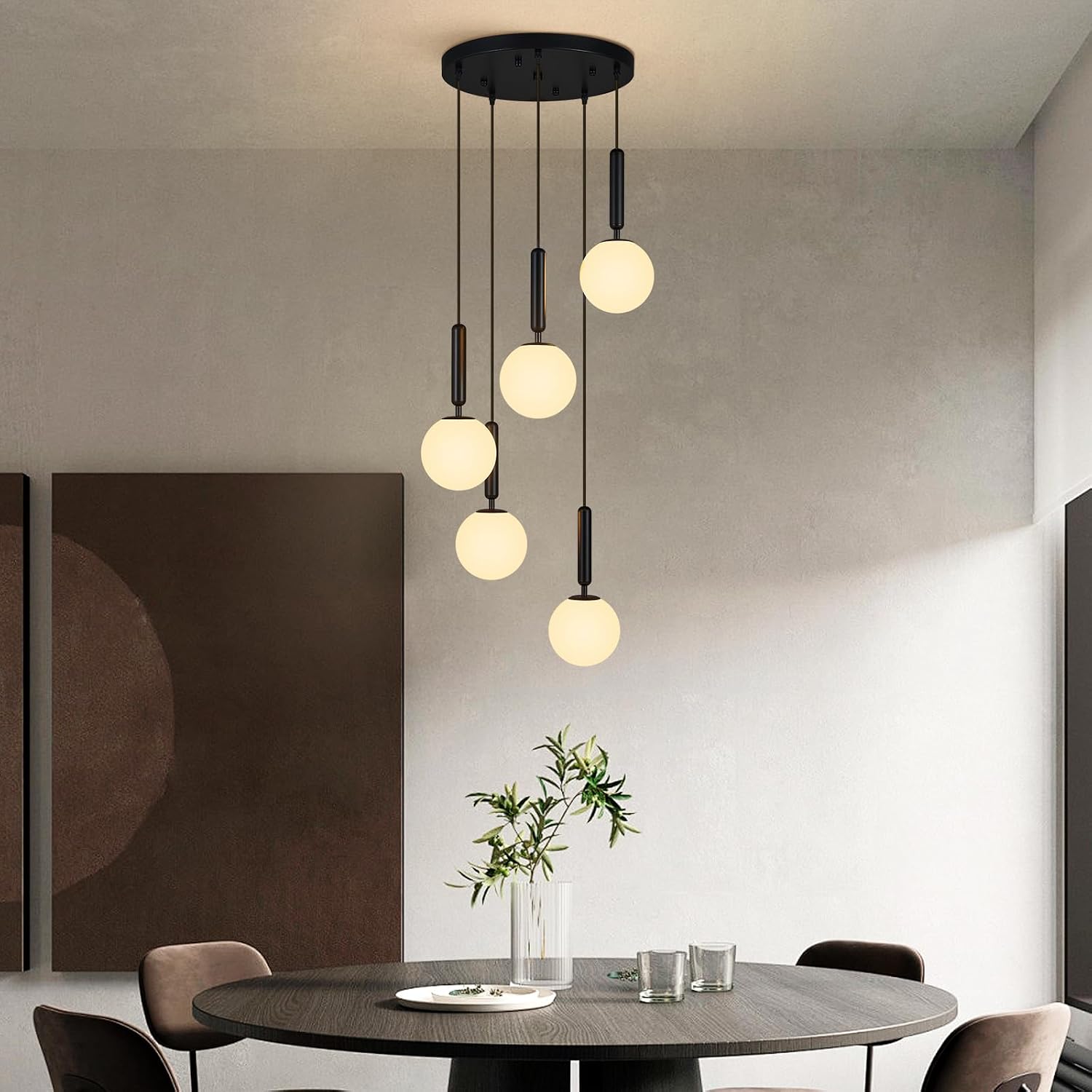 Modern Black Pendant Light Hanging Fixture Light for Kitchen Island Mid Century with Globe Pendant Light Milk White Glass Pendant Lighting for Living Room Bedroom Entryway (5 Lights)