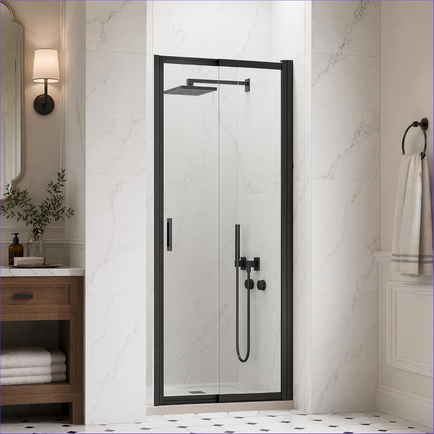 27-30' W x 72' H Pivot Swing Glass Shower Doors, 180° Rotating Retractable Bathroom Shower Door, Frameless Sliding Extended Bypass Shower Door with 3/16'(5mm) Clear SGCC Tempered Glass Matte Black