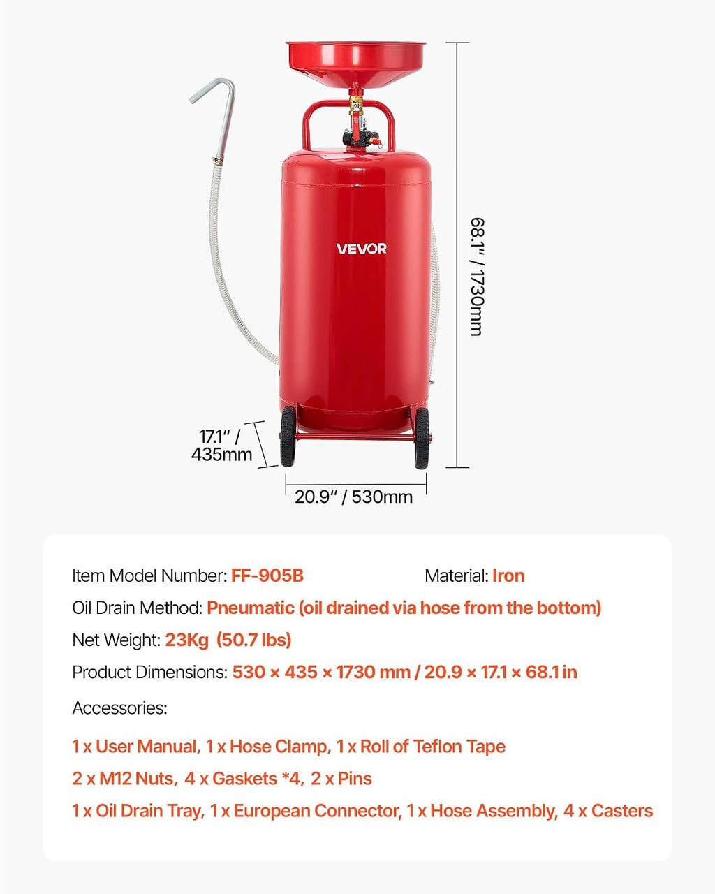 VEVOR 25 Gallon Waste Oil Drain Tank, Air Operated Portable Oil Drainer with Adjustable Funnel Height, Industrial Fluid Drain Tank with Wheels, Fluid Fuel Transfer Drainage for Auto Repair Shops, Red