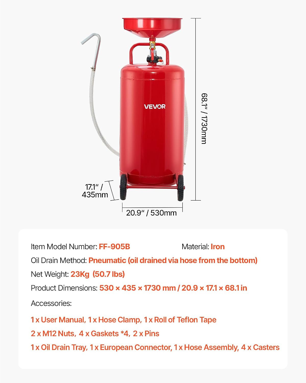 VEVOR 25 Gallon Waste Oil Drain Tank, Air Operated Portable Oil Drainer with Adjustable Funnel Height, Industrial Fluid Drain Tank with Wheels, Fluid Fuel Transfer Drainage for Auto Repair Shops, Red