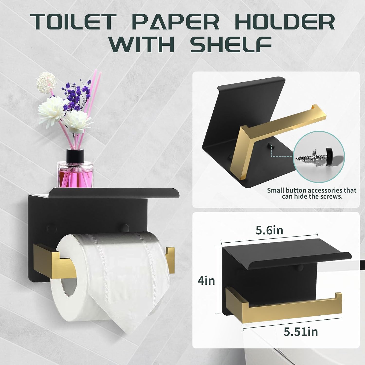 12 Piece Bathroom Hardware Set Black and Gold Square Bathroom Accessories - 2×23 Inch Towel bar, 1×16In Towel bar, 2 × Toilet Paper Holder(1 with Shelf), 2 × Hand Towel Rack and 5 × Towel Hook