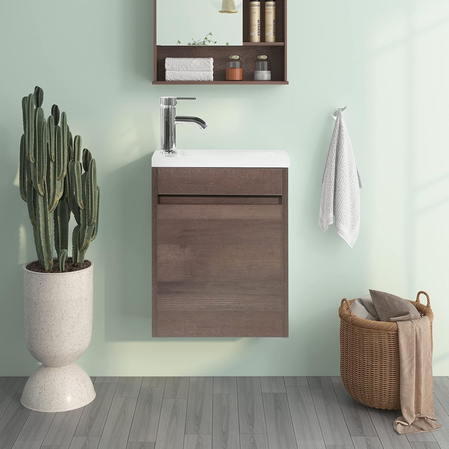wonline 16' Bathroom Vanity Sink Combo for Small Space Wall Mounted Cabinet Set Design White Resin Basin Sink Top Chrome Faucet Wood Color