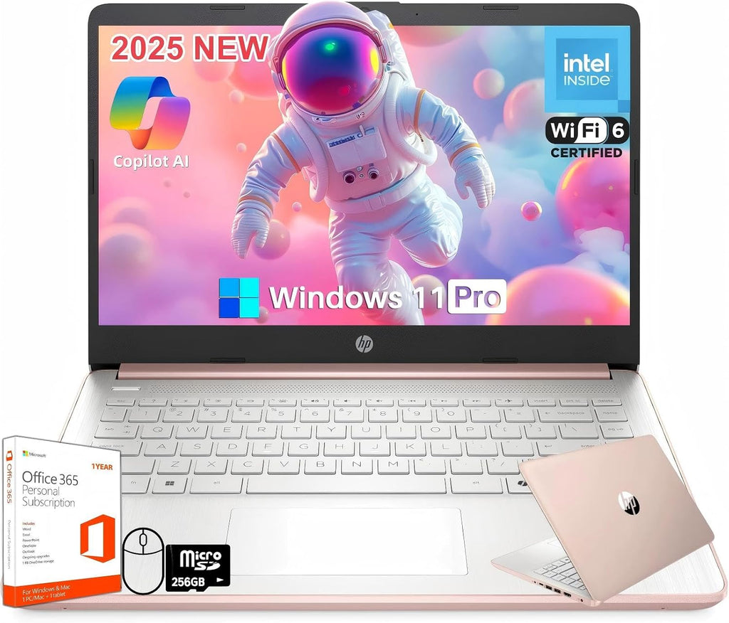 HP 2025 14 Inch Laptop Computer, 1-Year Free Office 365, Intel Processor N150, 16 GB RAM, 384 GB Storage(128GB UFS+256GB MSD), Copilot AI, Wi-Fi 6, Webcam, Lightweight, Windows 11 Pro, w/Accessories