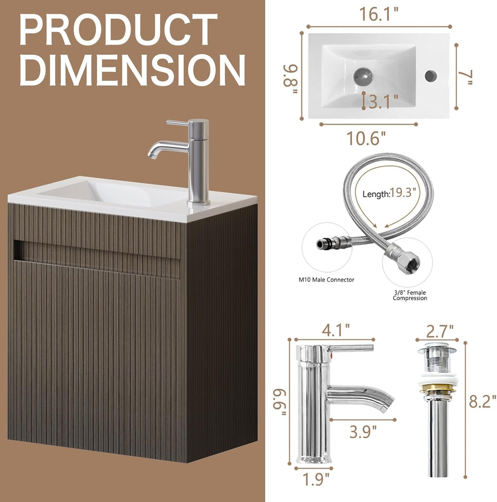 wonline 16' Small Bathroom Vanity Sink Combo Modern Wall Mounted Floating Cabinet W/Resin Basin Sink Top, Chrome Water Save Faucet & Pop Up Drain
