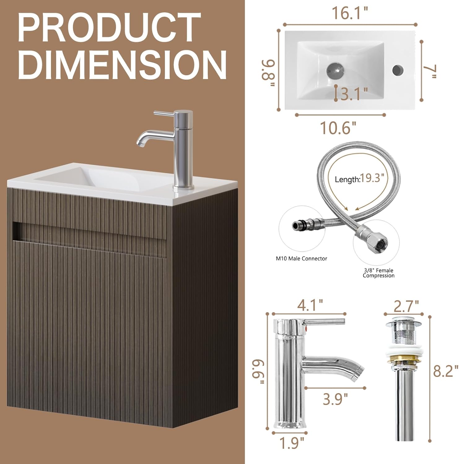 wonline 16' Small Bathroom Vanity Sink Combo Modern Wall Mounted Floating Cabinet W/Resin Basin Sink Top, Chrome Water Save Faucet & Pop Up Drain
