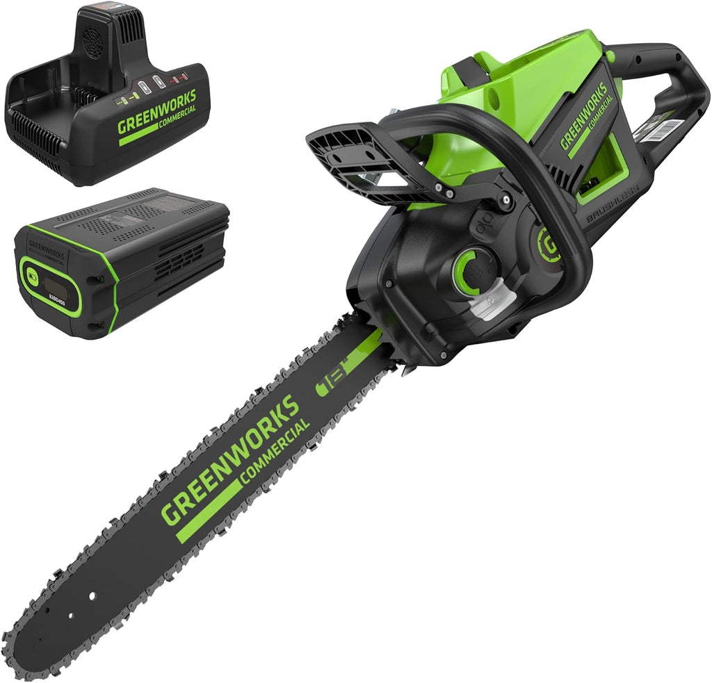 Greenworks 82V 18' Brushless (2.7 kW) Cordless Chainsaw (210 Cuts Per Charge), 4.0Ah Battery and Dual Port Rapid Charger (Great For Landscapers and Professionals)