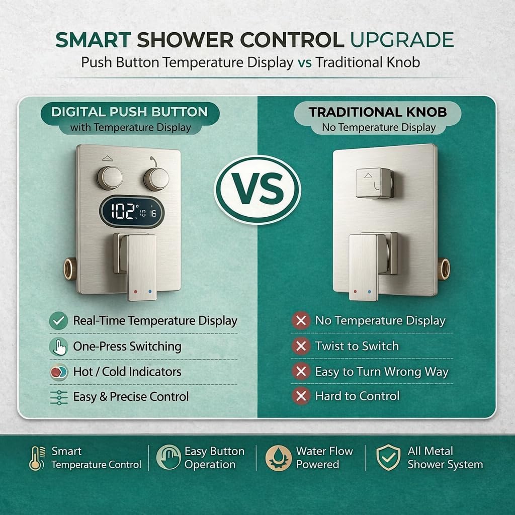 Push Button Diverter Shower Faucet Set Hydro Power Temperature Display, Shower System 10 Inch Shower Head with Handheld Spray, Wall Mounted Shower Fixtures with Valve and Trim Kit, Brushed Nickel