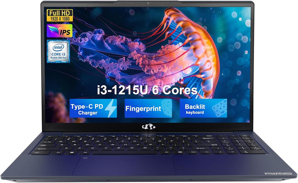 NIMO 15.6' FHD IPS Student-Laptop-Computer - Intel Core i3-1215U(Beat i5-1135G7, 6 Cores Up to 4.4GHz), 8GB RAM 256GB SSD, 65W Type-C, 2 Years Warranty, Fingerprint, Backlit Keyboard, Wi-Fi 6, BT5.2